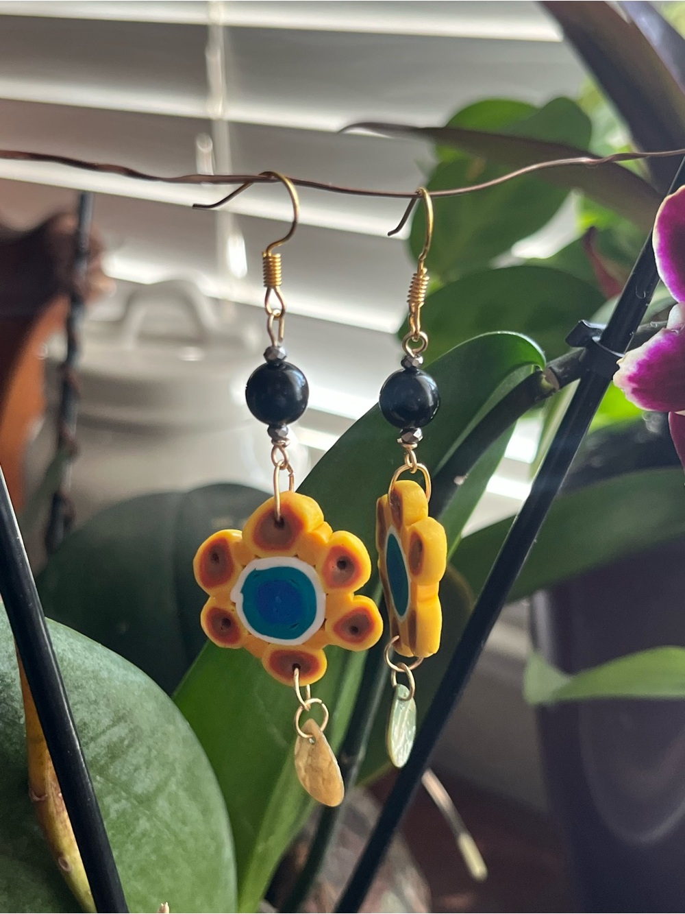 Handcrafted polymer clay Yellow Flower Drop Earrings with Blue Center